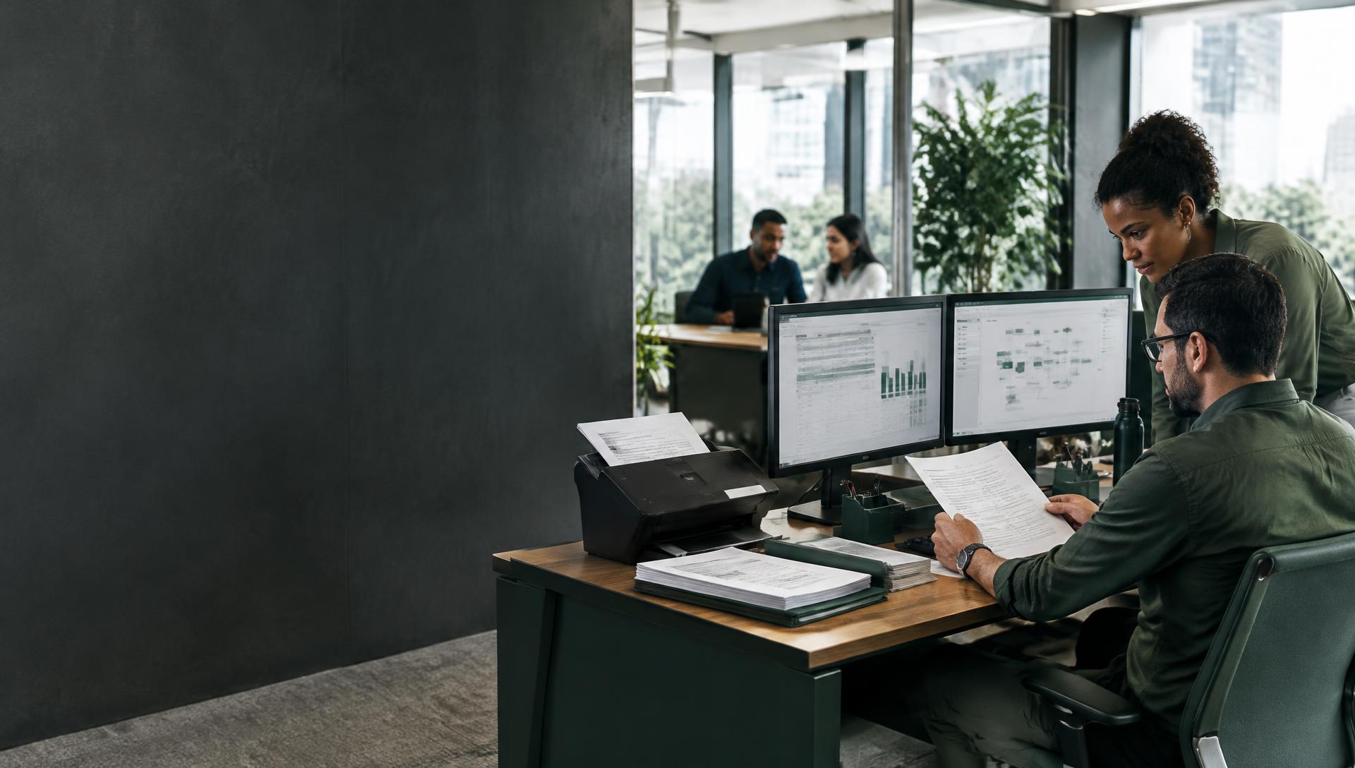 Equipe analisando documentos e processos em sistemas de uma empresa