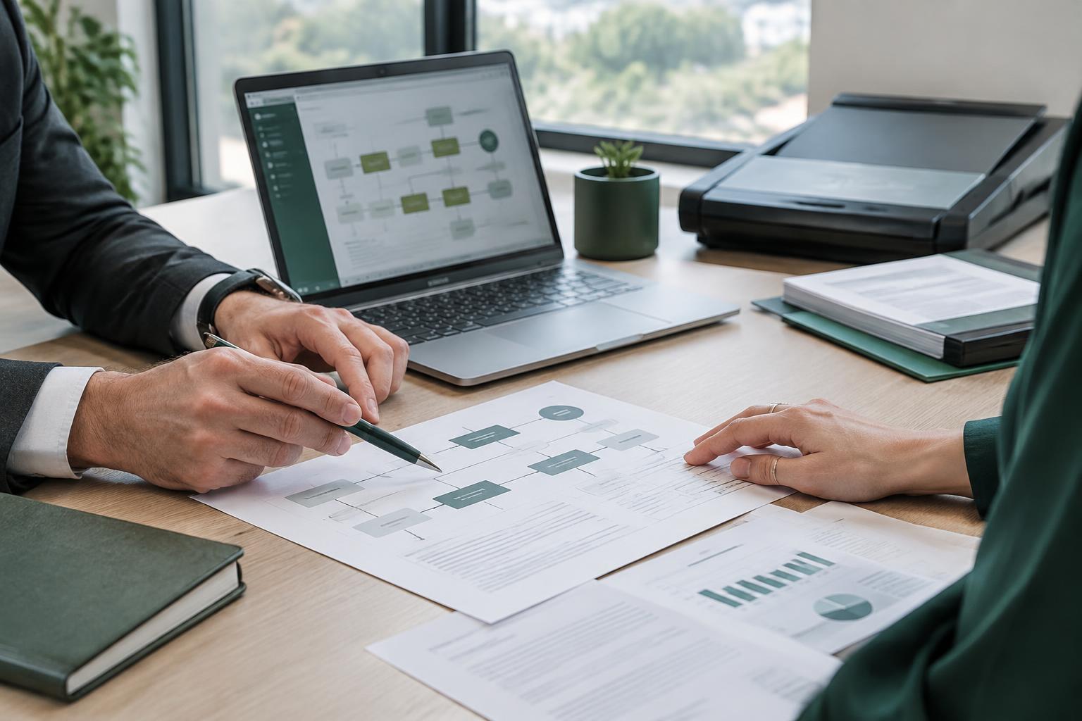 Profissionais mapeando um fluxo de trabalho com documentos e tecnologia